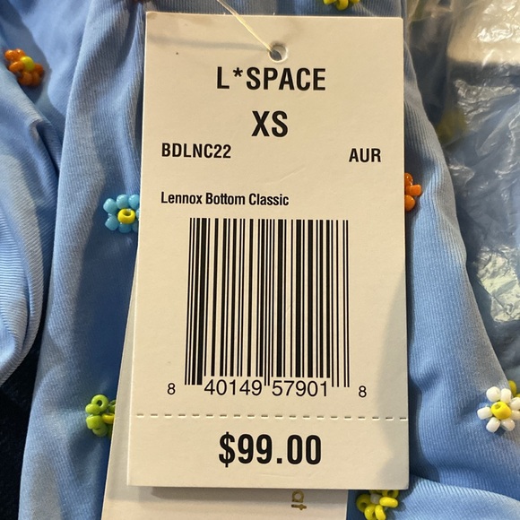 L*Space Lennox Tie String Bikini Bottom Classic, Blue Beaded Flowers X-Small NWT - Picture 8 of 12